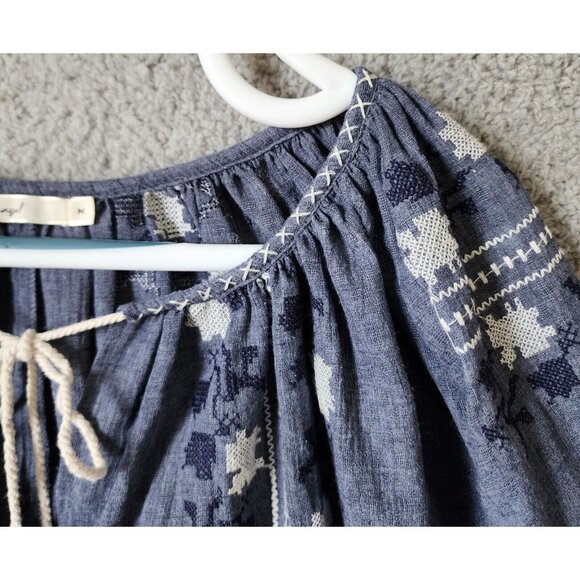 Hazel Women's Long Balloon Sleeve Tie V Neck Oversized Top Embroidered Blue Sz M - Picture 4 of 15